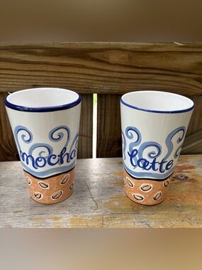Set of 2 Williams Sonoma Hand Painted SS Cafe Mocha Latte Tall Tumblers 18oz